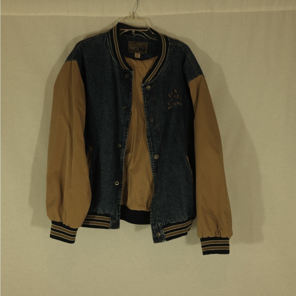 vintage denim jacket with tan sleeves team us west making life better here
